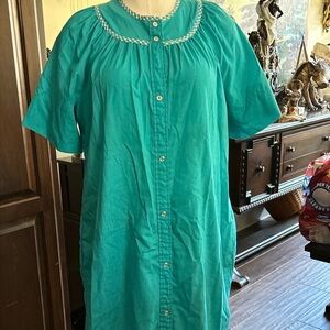 1960’s Jolie Two Teal Button Front House Coat Robe w Gingham Trim Sz 14 GVC